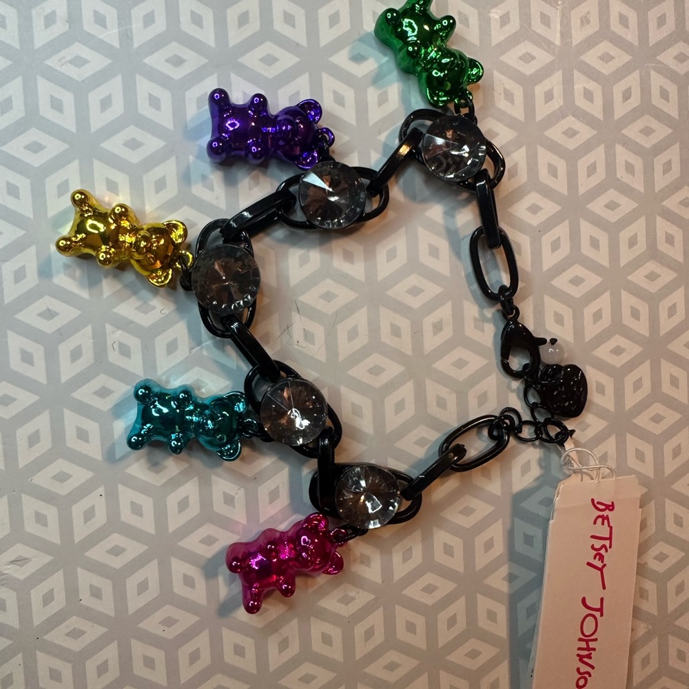 Betsey Johnson Black Bracelet with Multicolor Bear Charms